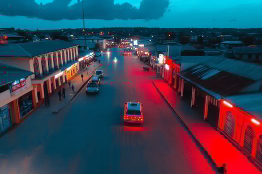 A city street with cars and buildings at dusk photo