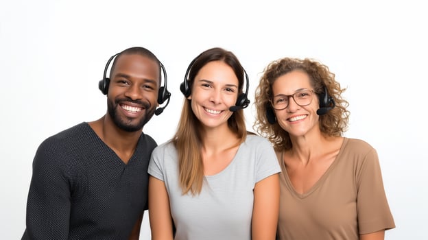 Diverse customer service team with headsets smiling photo