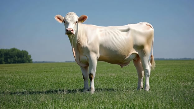 White cow in a grassy field under a clear sky photo