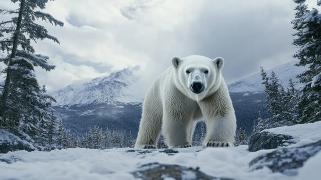Majestic polar bear in a snowy mountain landscape photo