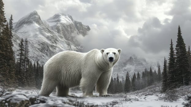 Majestic polar bear in snowy mountain landscape photo