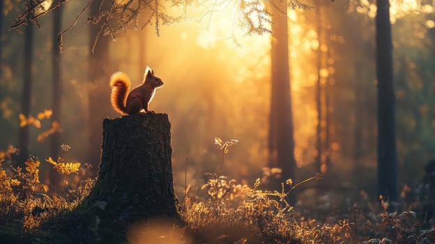Red squirrel on a stump in a sunlit forest photo