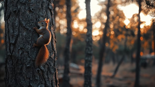 Squirrel clinging to a tree trunk in a golden forest photo