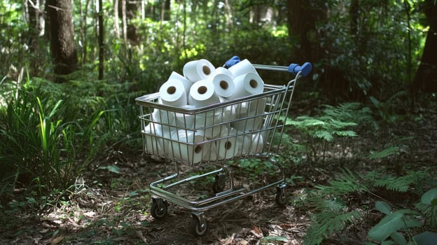 Shopping cart overflowing with toilet paper in a forest photo