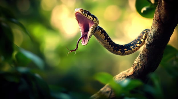 Snake in a jungle setting, mouth open photo