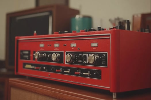 A red amplifier sitting on top of a wooden table photo