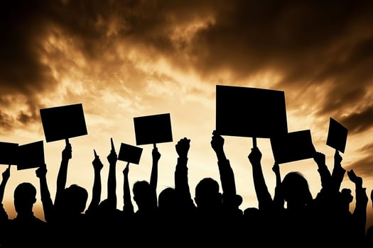 Silhouettes of people holding up signs in front of a sunset photo