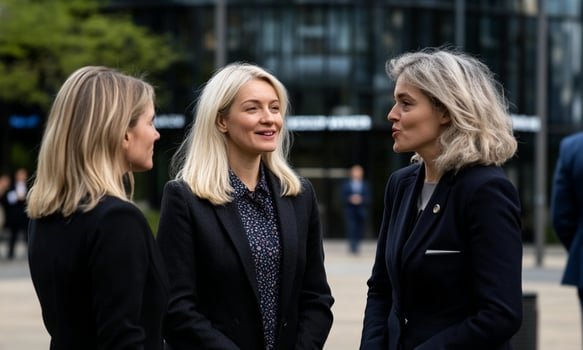 Three women in business suits talking to each other photo