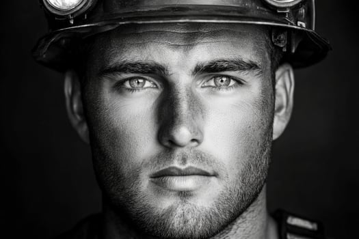 A black and white photo of a man in a hard hat