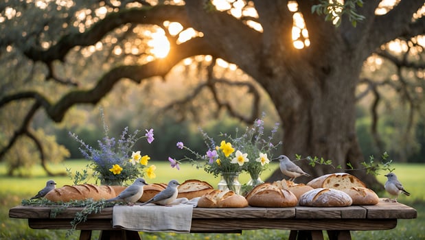 A serene outdoor scene featuring freshly baked bread and colorful flowers, with birds enjoying the setting photo