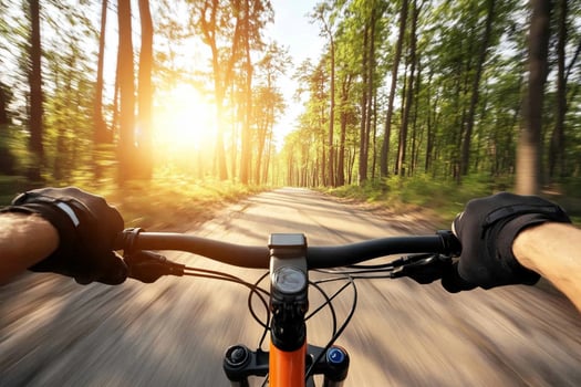 A person riding a bicycle down a dirt road photo