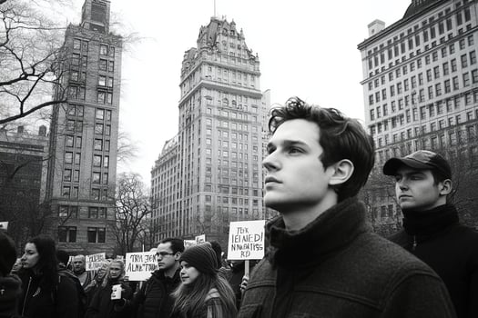 A black and white photo of a man standing in front of a crowd