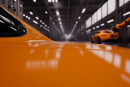 A robot is working on an orange car in a factory photo