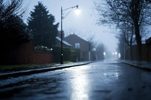 A wet street at night with a street light photo