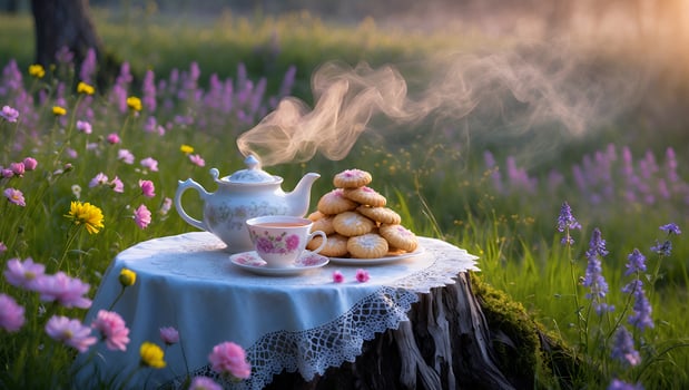 Serene tea party in a blooming meadow with steaming teapot and cookies on a rustic table photo