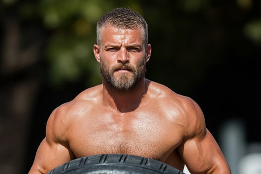A shirtless man holding a tire photo