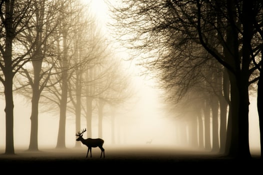A deer is standing in the middle of a foggy forest photo