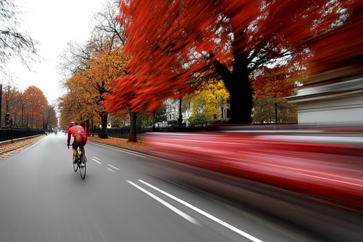 A person riding a bike down a road with red trees photo