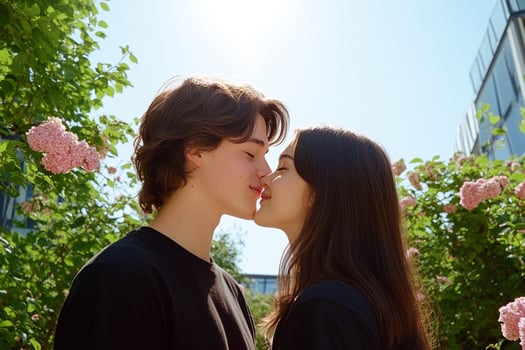 A young couple kissing in front of flowers photo