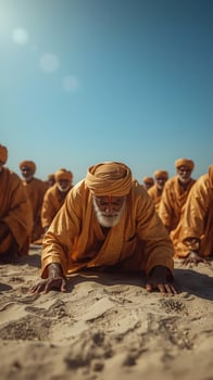 A group of men in orange robes sitting on the sand photo