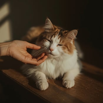 A person petting a cat on a table photo