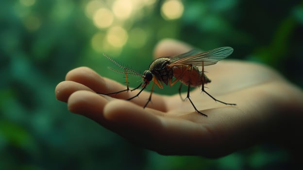 A large mosquito rests on a hand in a blurred natural setting photo