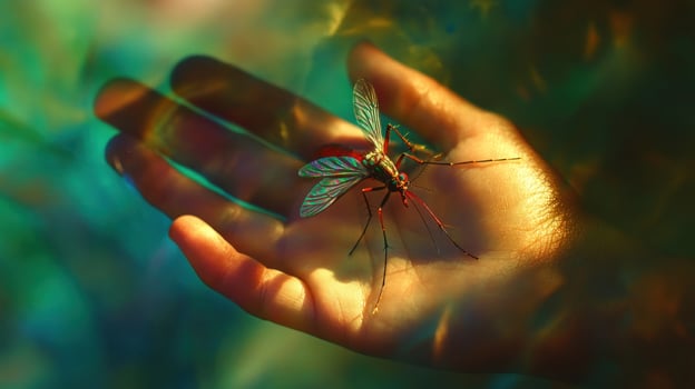 A hand holds a vibrant mosquito photo