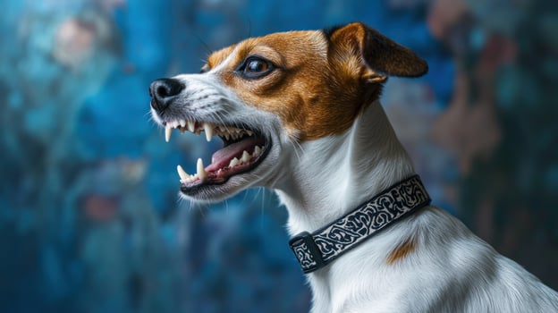 Jack Russell Terrier with bared teeth, looking upwards photo