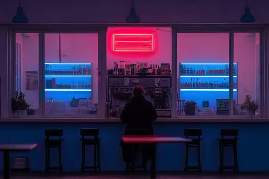 A person sitting at a bar with a neon sign photo
