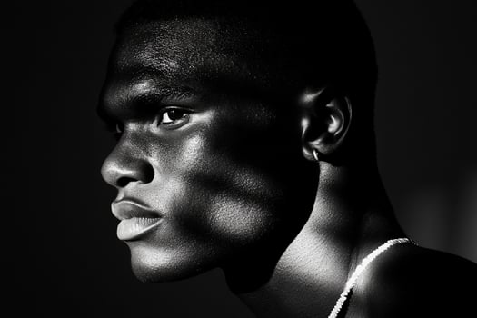A black and white photo of a man with his eyes closed