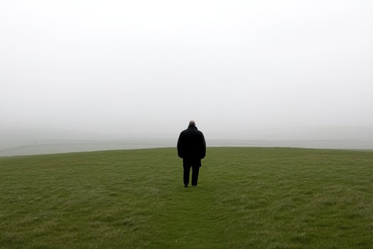 A man standing in a field looking at the horizon photo
