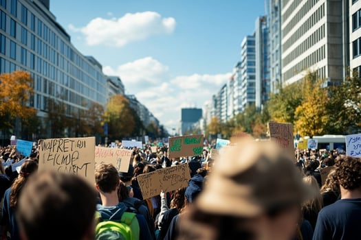A crowd of people holding signs in the street photo