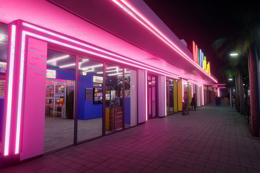 A neon sign is lit up in front of a store photo