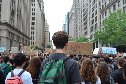 A group of people standing in a city with signs photo