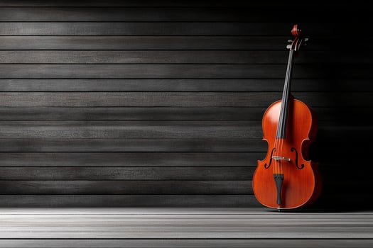 An orange cello sits against a wooden wall photo