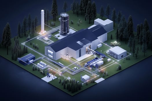An industrial plant with a large chimney and a large factory photo