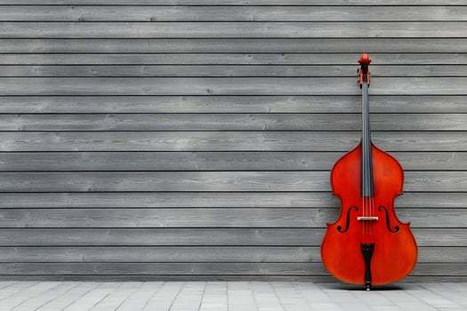 A cello is leaning against a wall photo