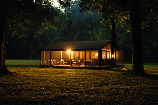 A small house lit up at night photo