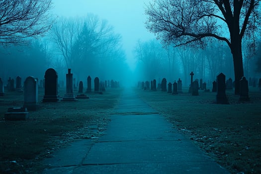 A foggy graveyard with trees and tombstones photo