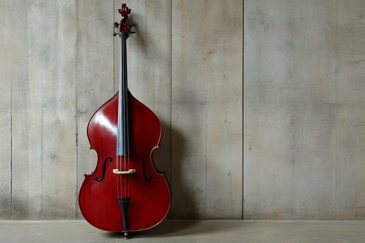 A red double bass sits against a wall photo