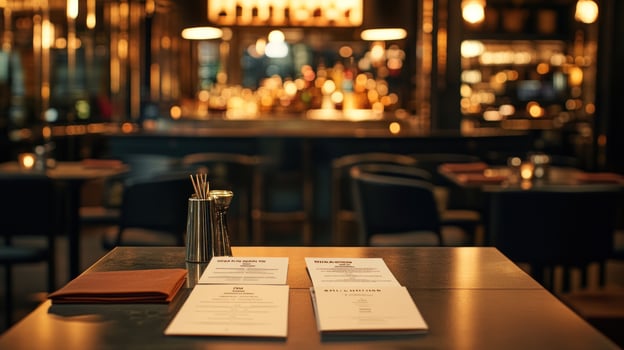 Restaurant interior, dimly lit, menus on table photo