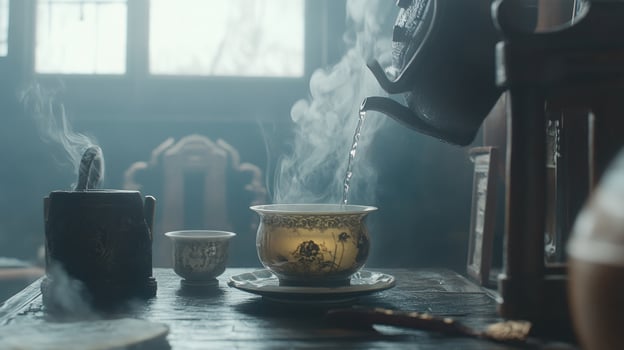 Steam rises from a traditional tea ceremony photo