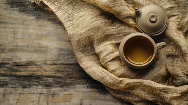 Earthy tea set on rustic wood photo