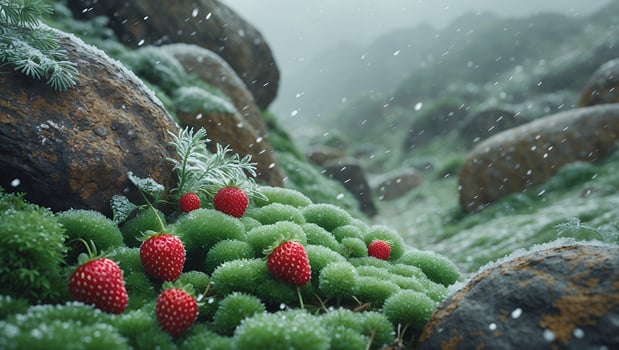 Lush green moss carpet adorned with vibrant red raspberries amidst a serene, snowy landscape photo