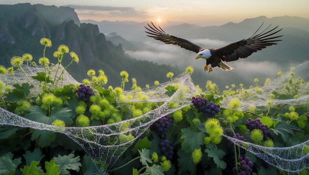 Majestic eagle soaring over lush grapevines with morning mist and mountains in the background photo