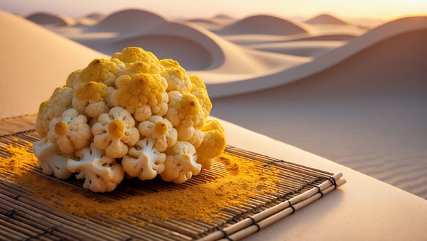 Vibrant cauliflower dusted with turmeric on a bamboo mat amidst serene desert sand dunes at sunset photo