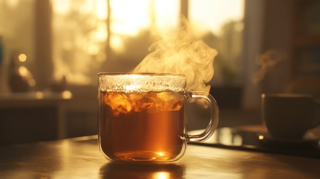Warm tea in a glass mug by a sunny window photo