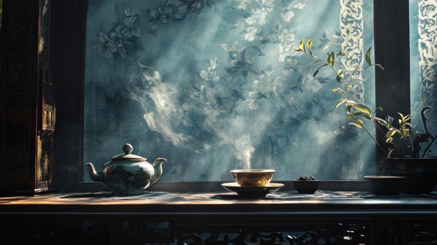 Tranquil tea scene by a window photo