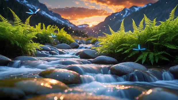 Serene mountain stream at sunset, with vibrant ferns and dragonflies amidst smooth pebbles photo