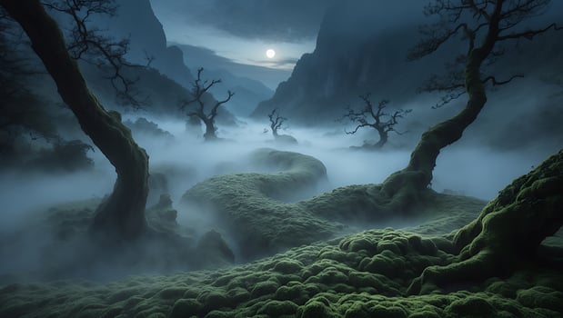 Enchanted misty landscape with twisted trees under a full moon illuminating the serene valley photo